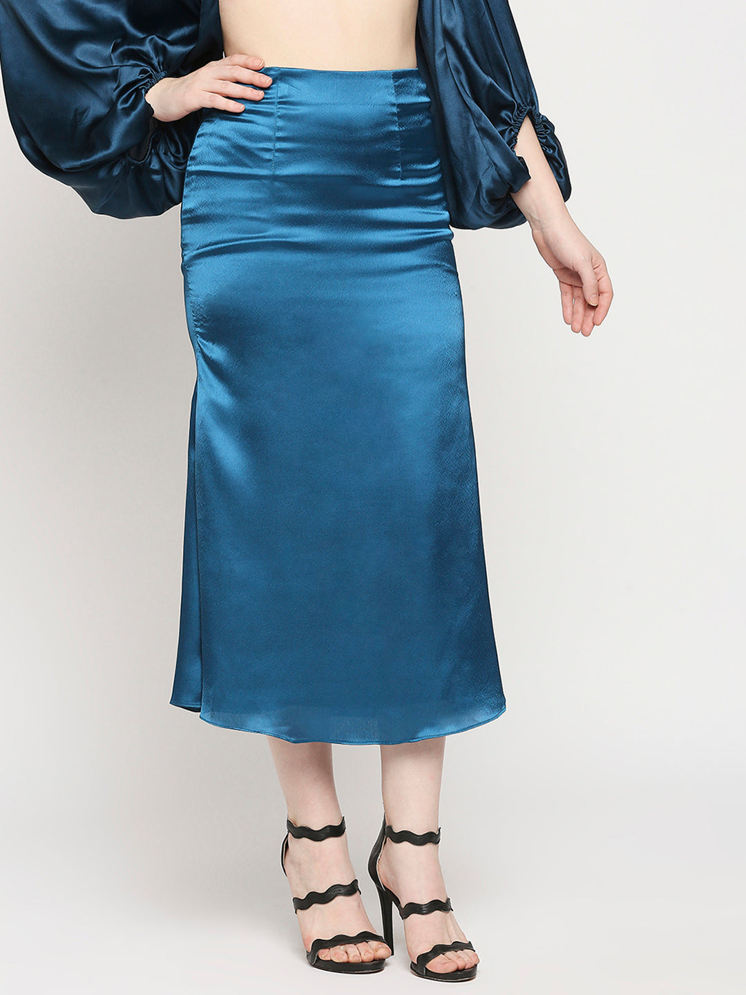 Petroleum Blue Japan Satin High-Waist Midi Skirt