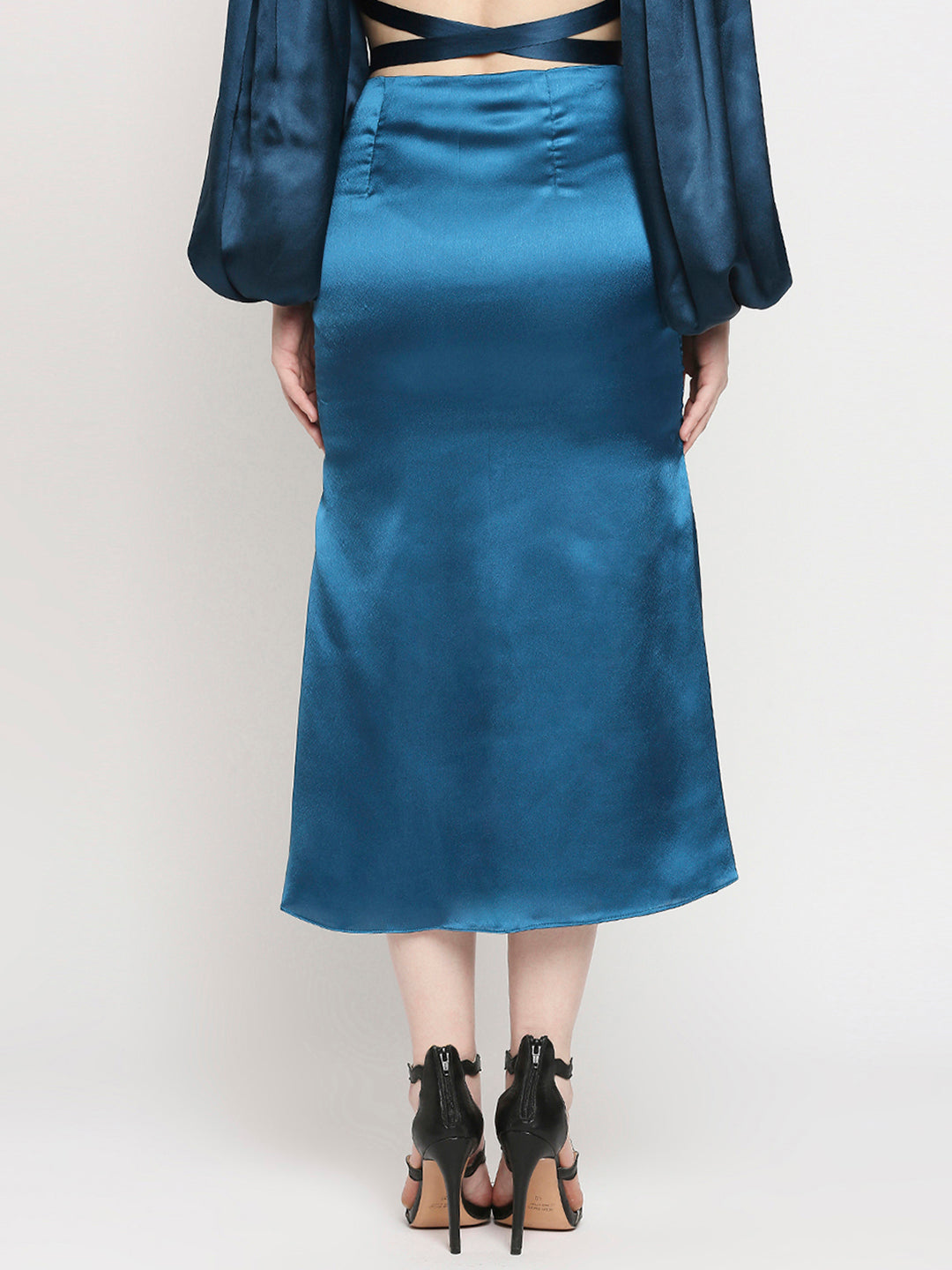 Petroleum Blue Japan Satin High-Waist Midi Skirt