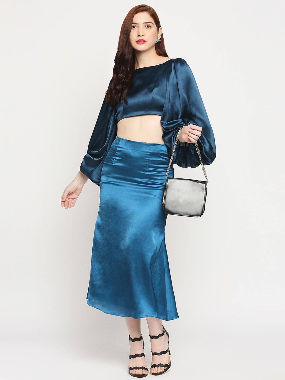 Petroleum Blue Japan Satin High-Waist Midi Skirt