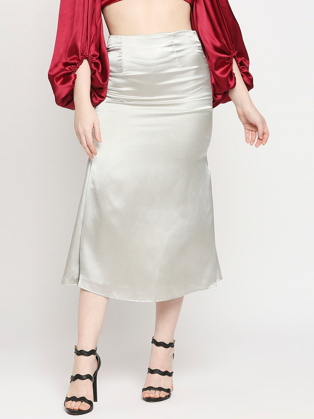 Metallic Silver Japan Satin High-Waist Midi Skirt