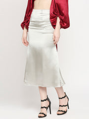 Metallic Silver Japan Satin High-Waist Midi Skirt