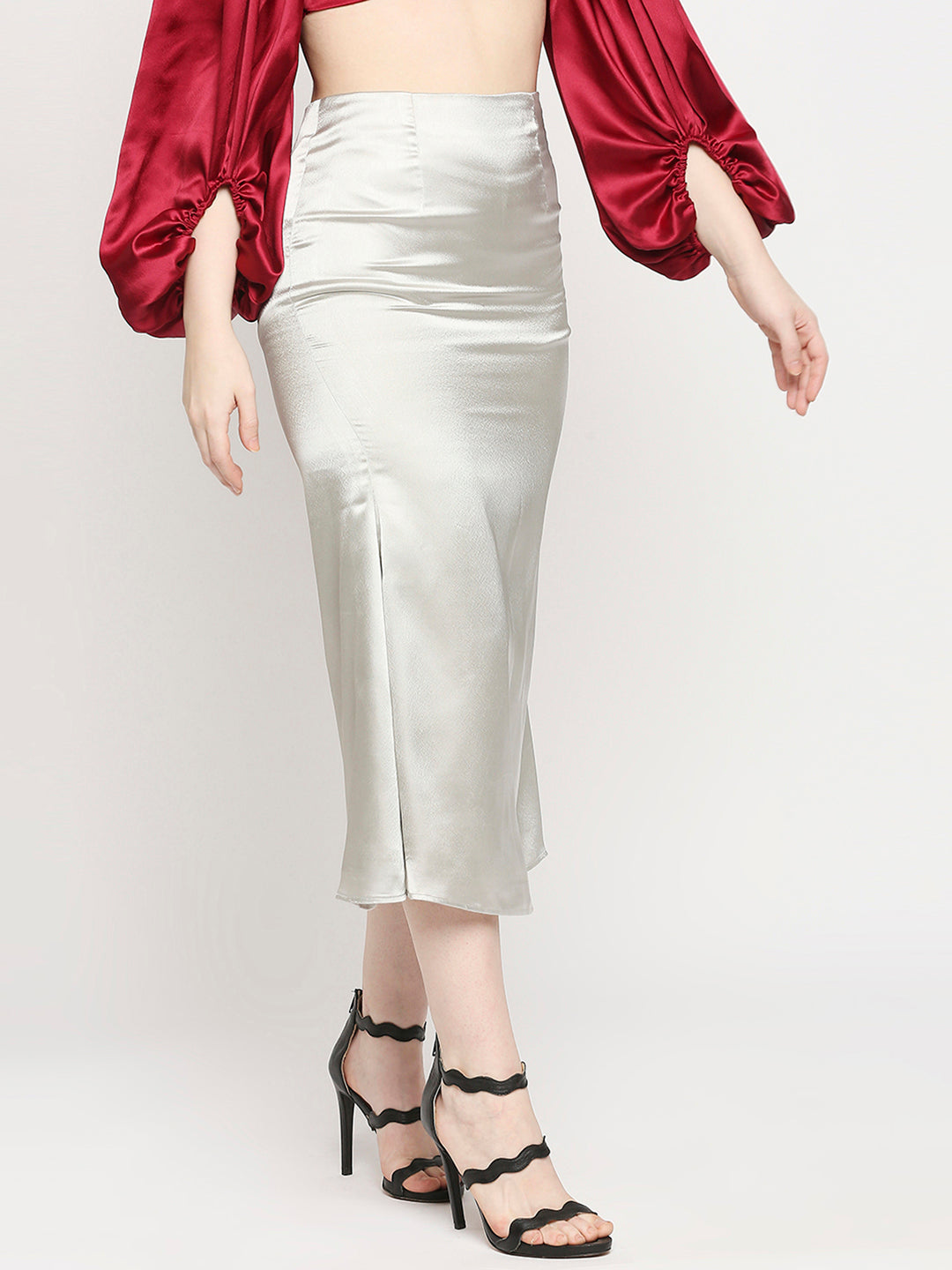 Metallic Silver Japan Satin High-Waist Midi Skirt