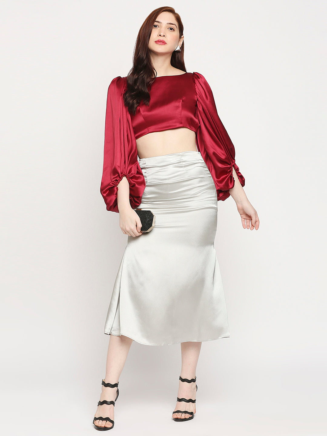 Metallic Silver Japan Satin High-Waist Midi Skirt