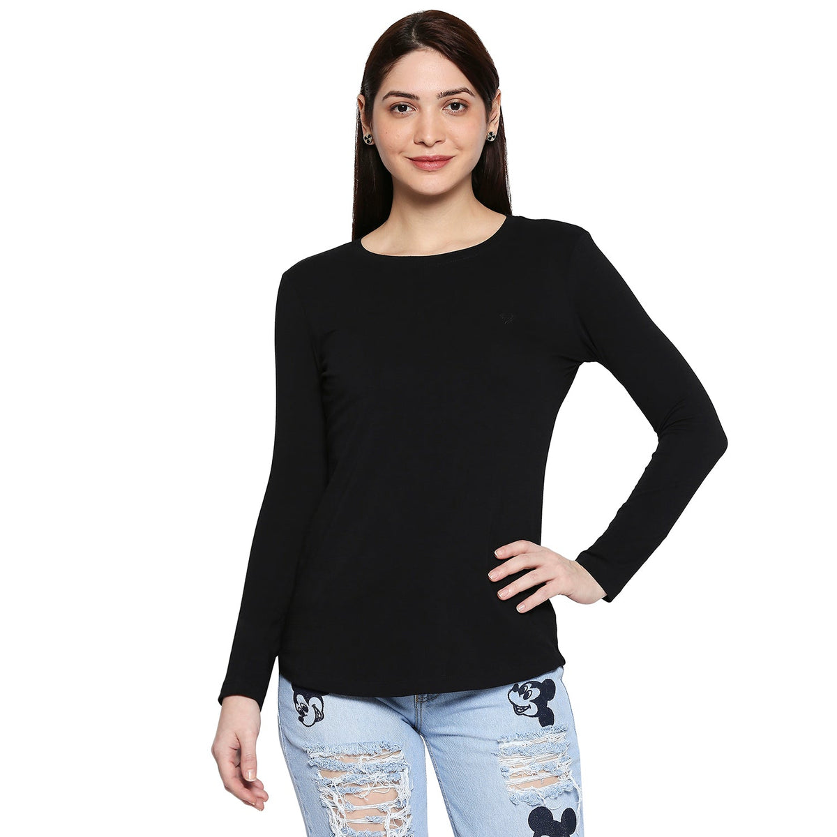 Black Cotton Lycra  Long Sleeve T-Shirt