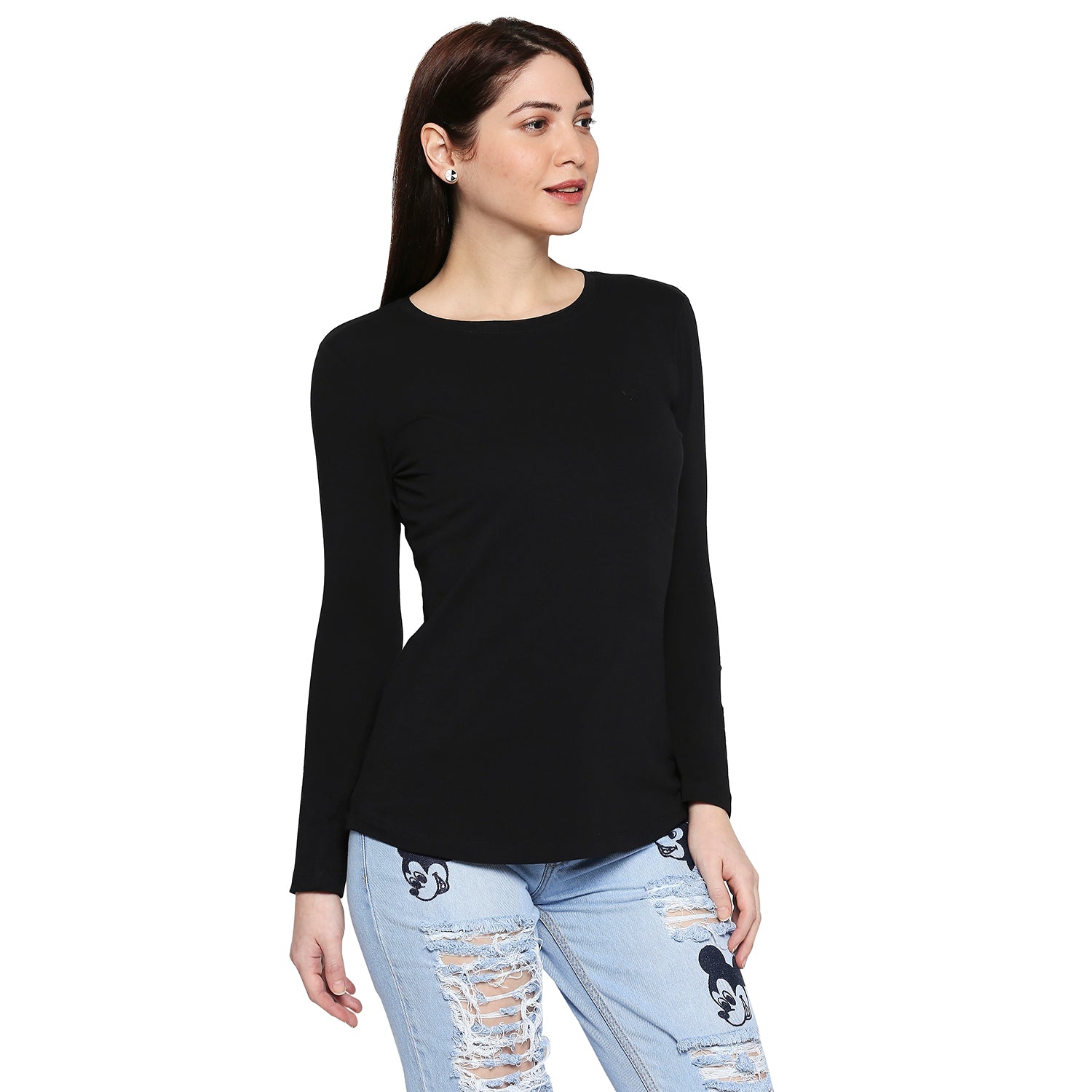 Black Cotton Lycra  Long Sleeve T-Shirt