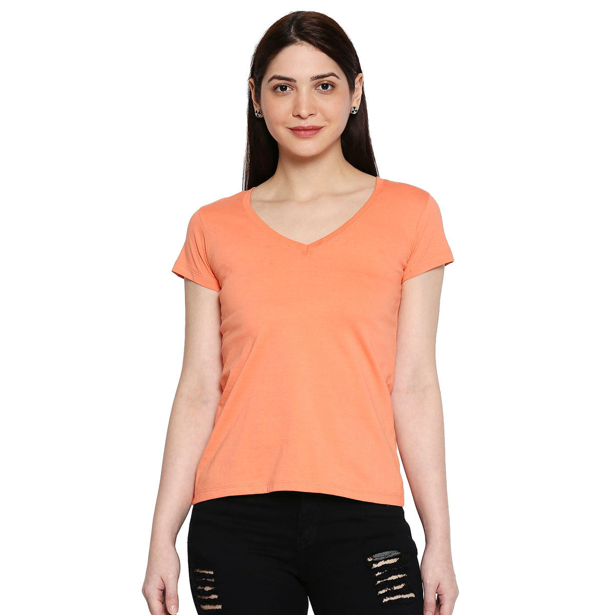 Peach Cotton V Neck Women T-Shirts