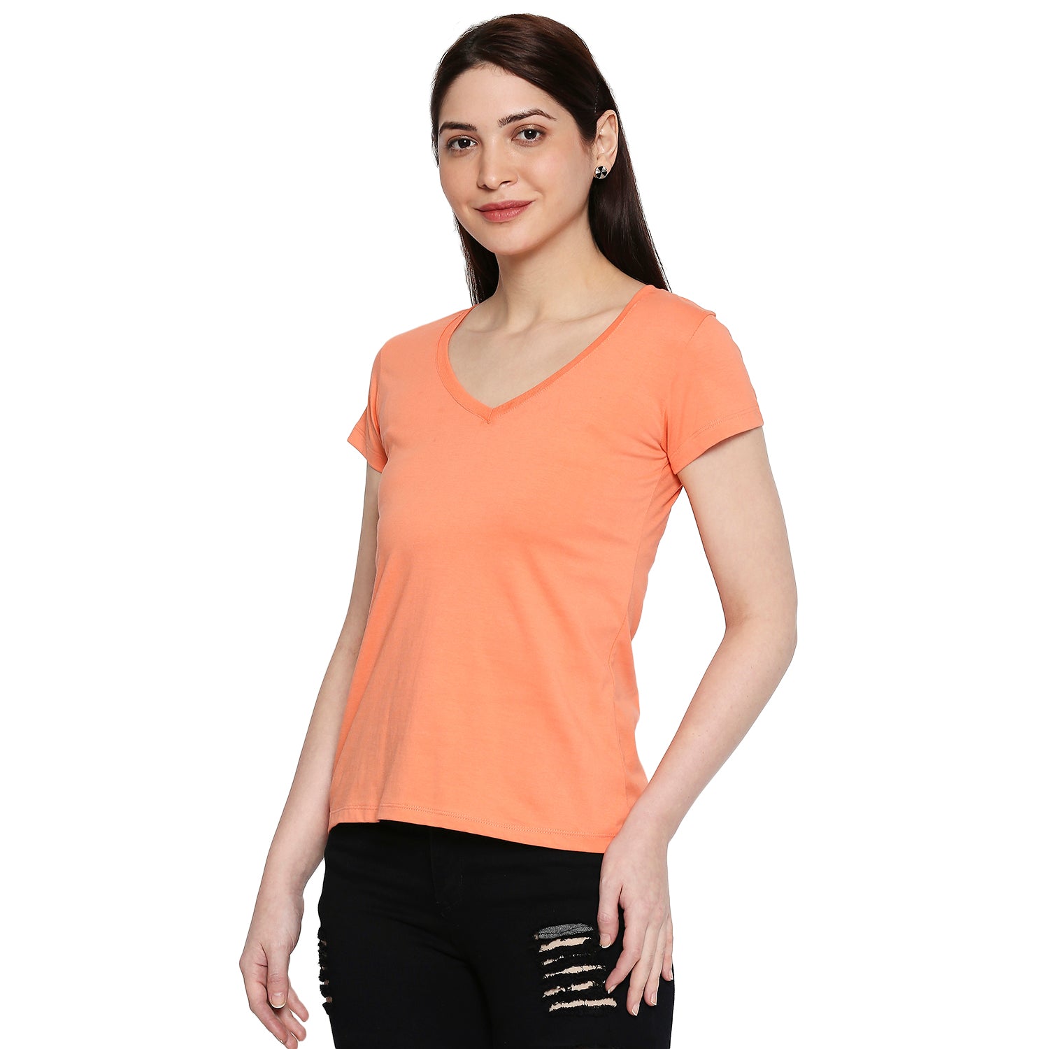 Peach Cotton V Neck Women T-Shirts