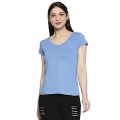 Blue Cotton V Neck T-Shirt