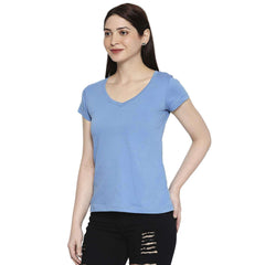 Blue Cotton V Neck T-Shirt