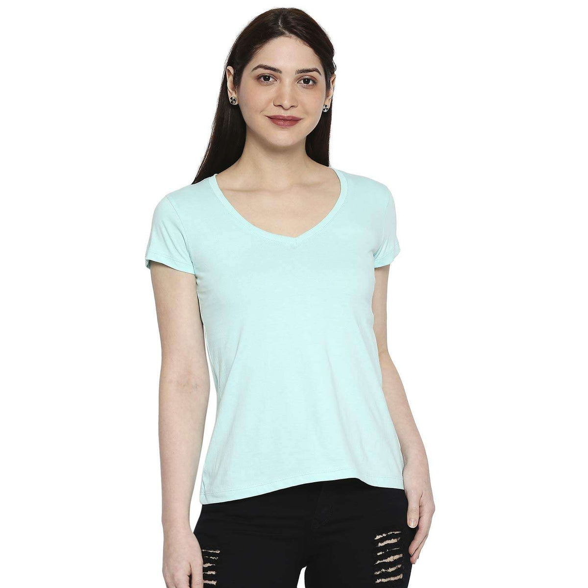 Turquoise Blue Cotton V Neck T-Shirt