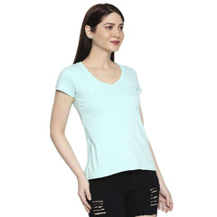 Turquoise Blue Cotton V Neck T-Shirt