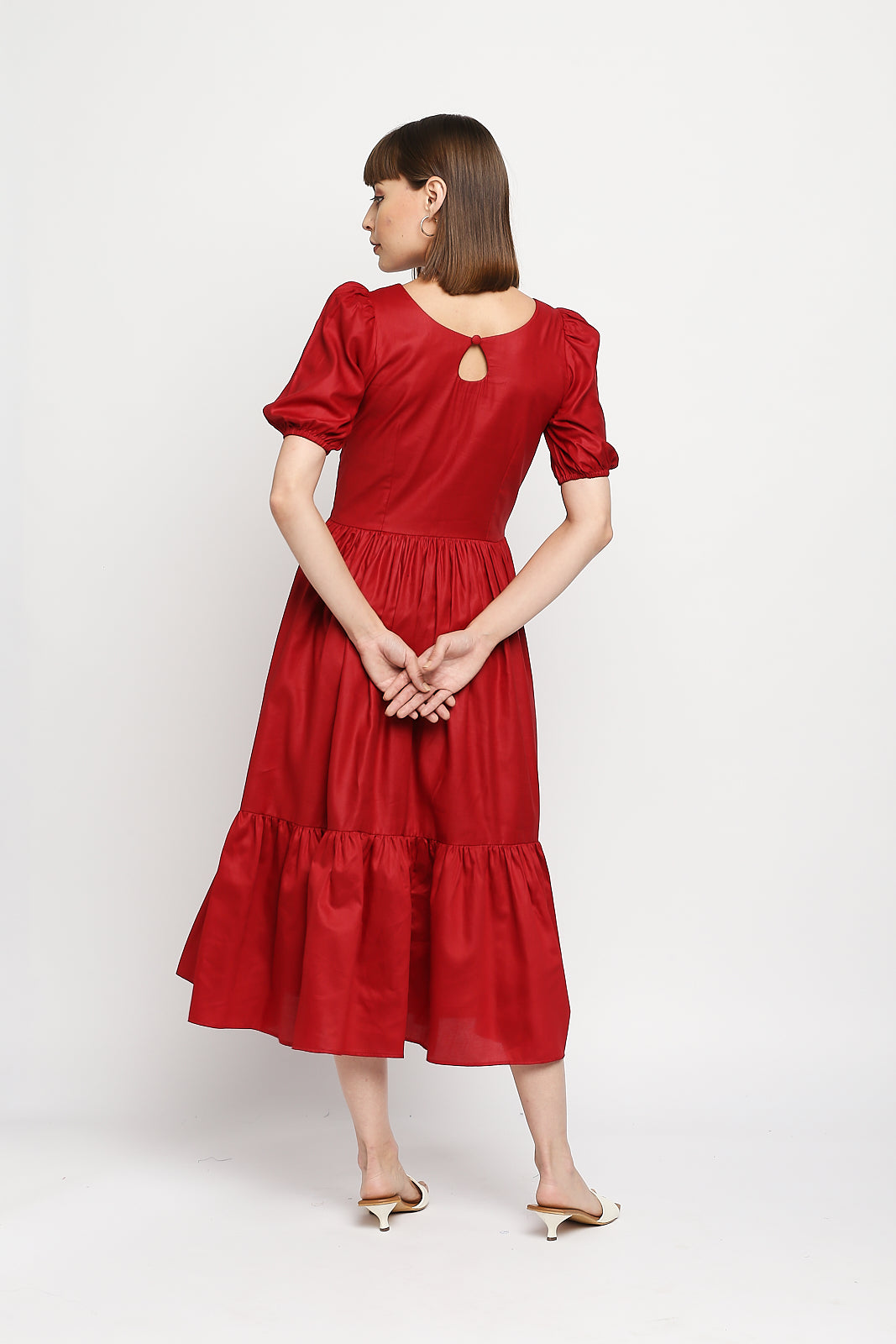 Ruby Red Jam Cotton Puff Sleeve Square Neckline Tiered Dress