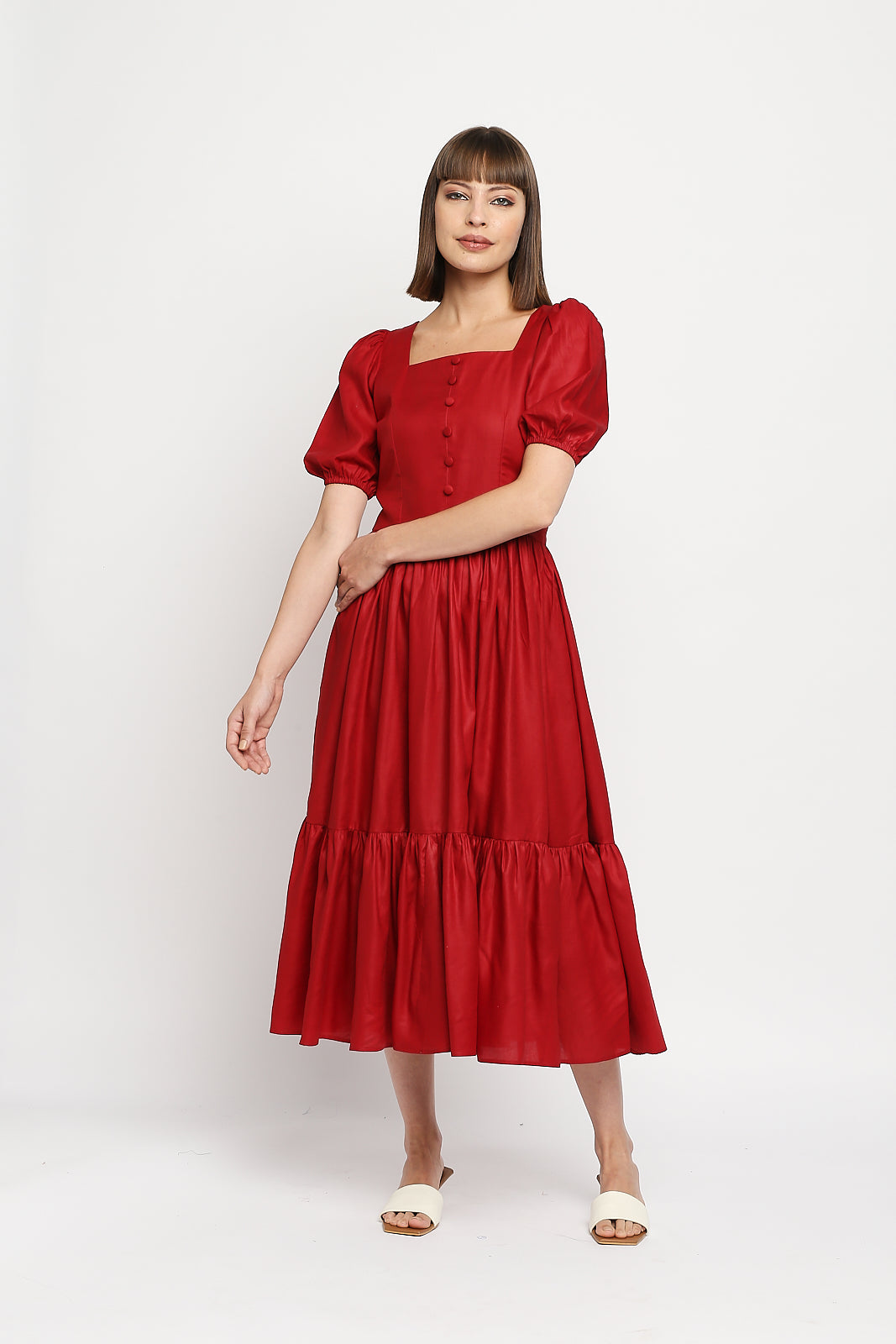 Ruby Red Jam Cotton Puff Sleeve Square Neckline Tiered Dress