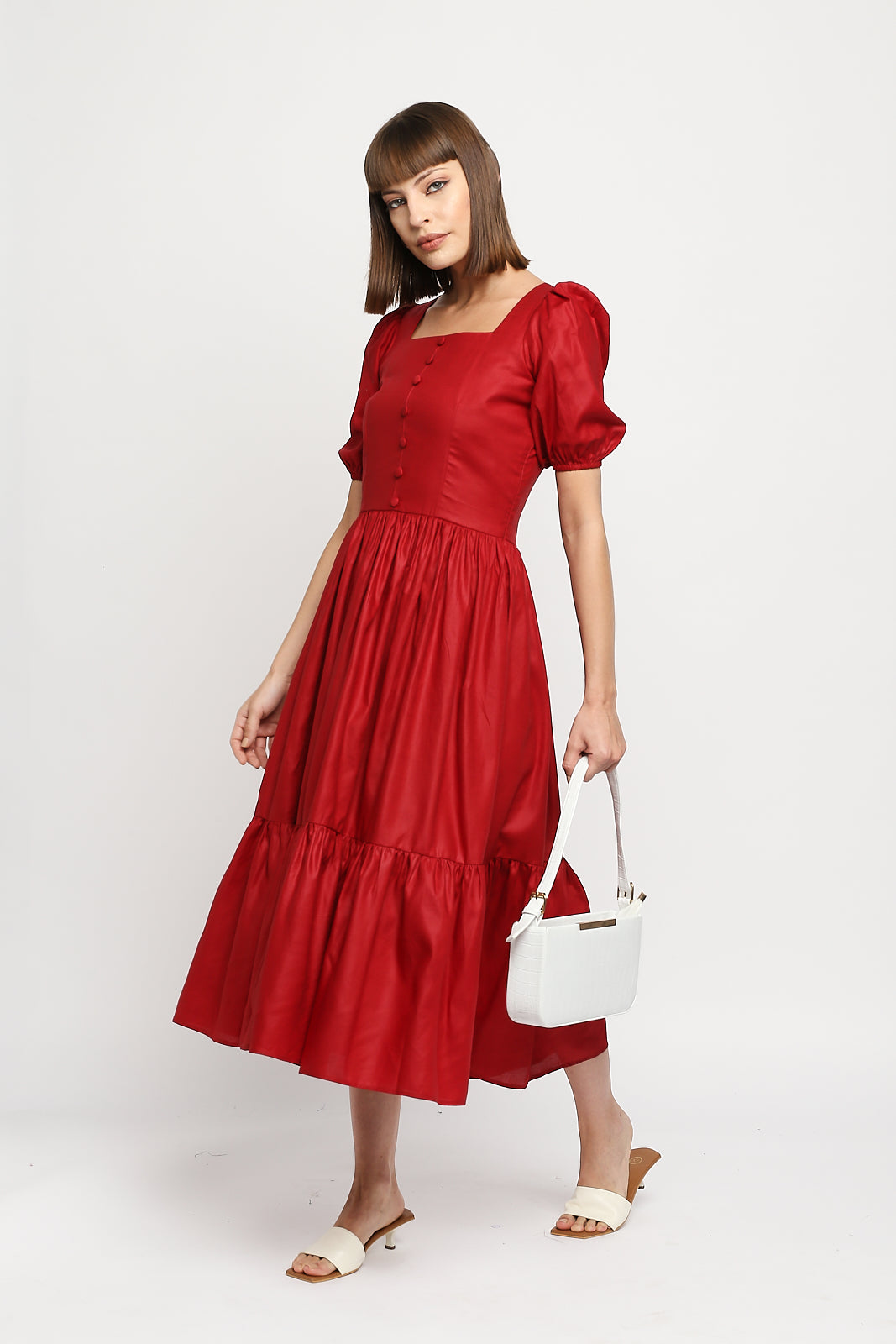 Ruby Red Jam Cotton Puff Sleeve Square Neckline Tiered Dress