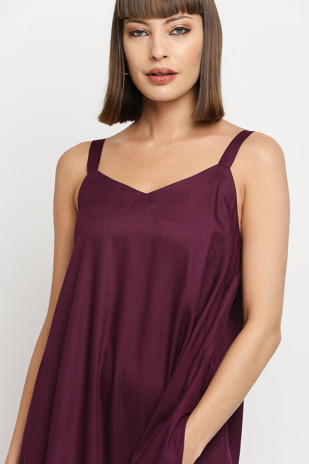 Plum Rayon Cotton Spaghetti Strap Ruffle Hem Dress