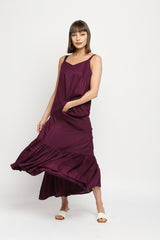 Plum Rayon Cotton Spaghetti Strap Ruffle Hem Dress