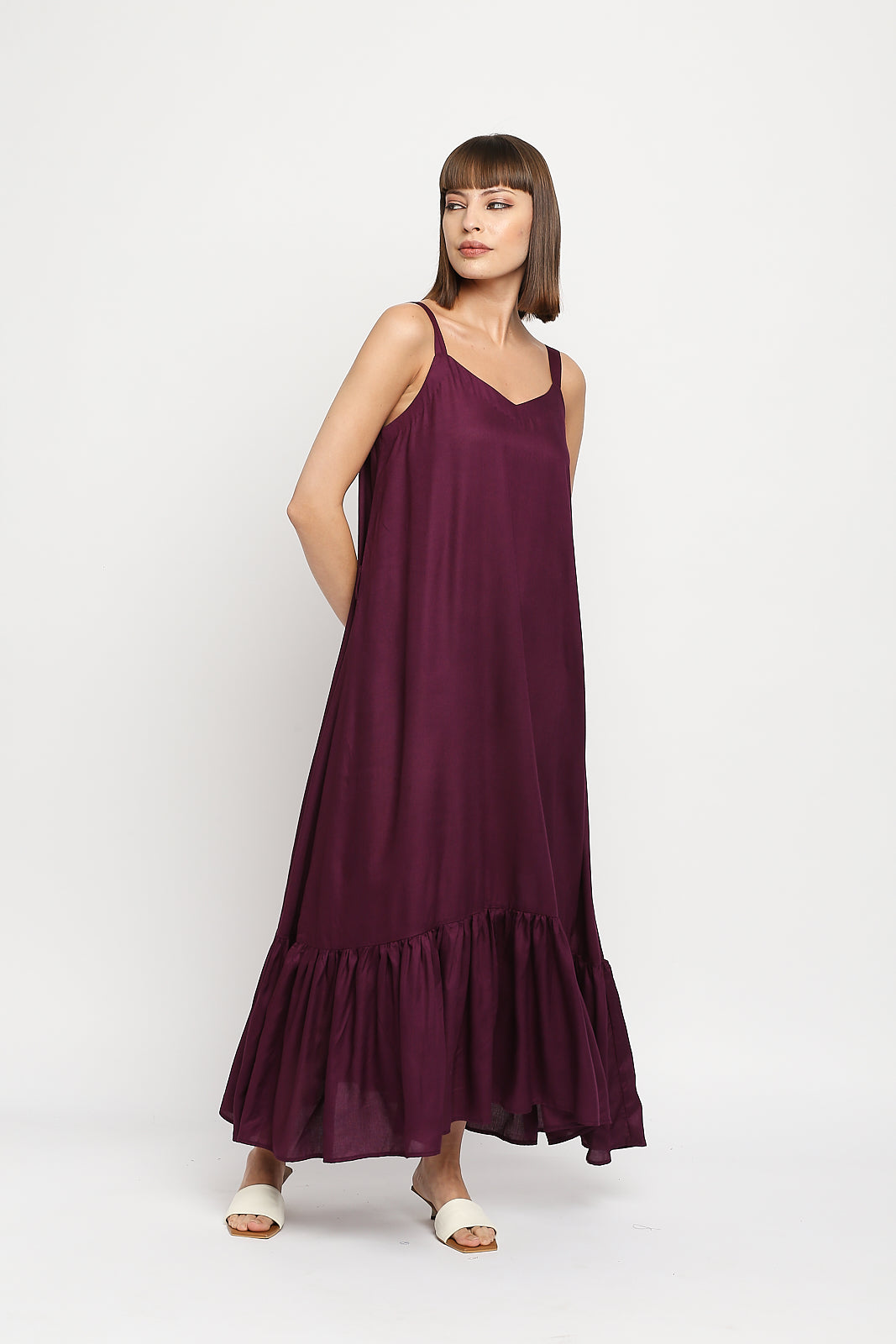 Plum Rayon Cotton Spaghetti Strap Ruffle Hem Dress