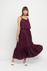 Plum Rayon Cotton Spaghetti Strap Ruffle Hem Dress