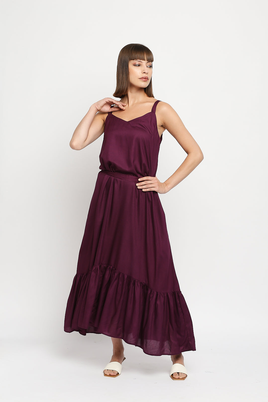 Plum Rayon Cotton Spaghetti Strap Ruffle Hem Dress