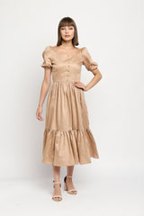 Beige Cotton Blended Puff Sleeve Tiered Midi Dress