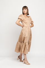 Beige Cotton Blended Puff Sleeve Tiered Midi Dress