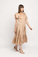 Beige Cotton Blended Puff Sleeve Tiered Midi Dress