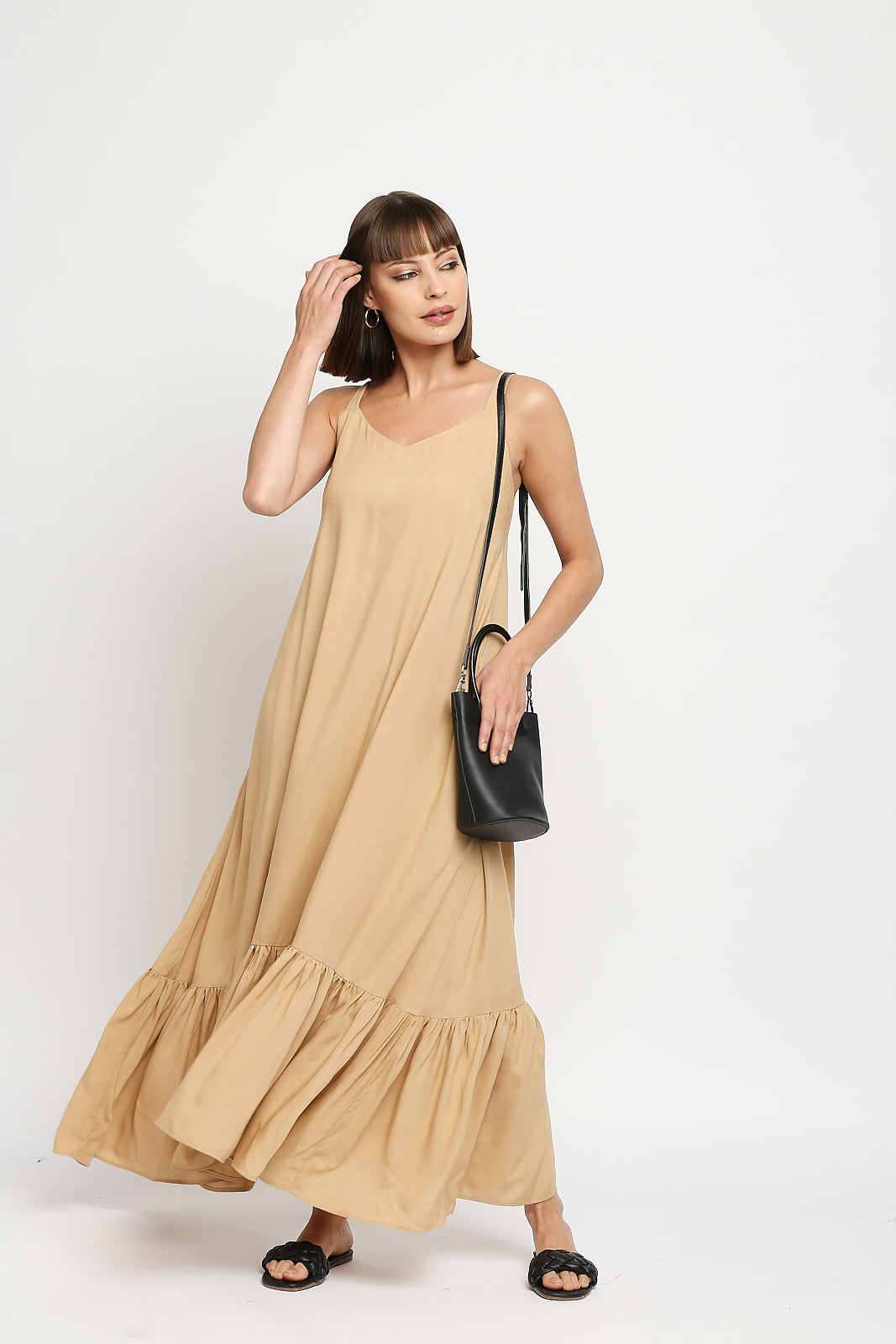 light beige Rayon Cotton Spaghetti Strap Ruffle Hem Dress