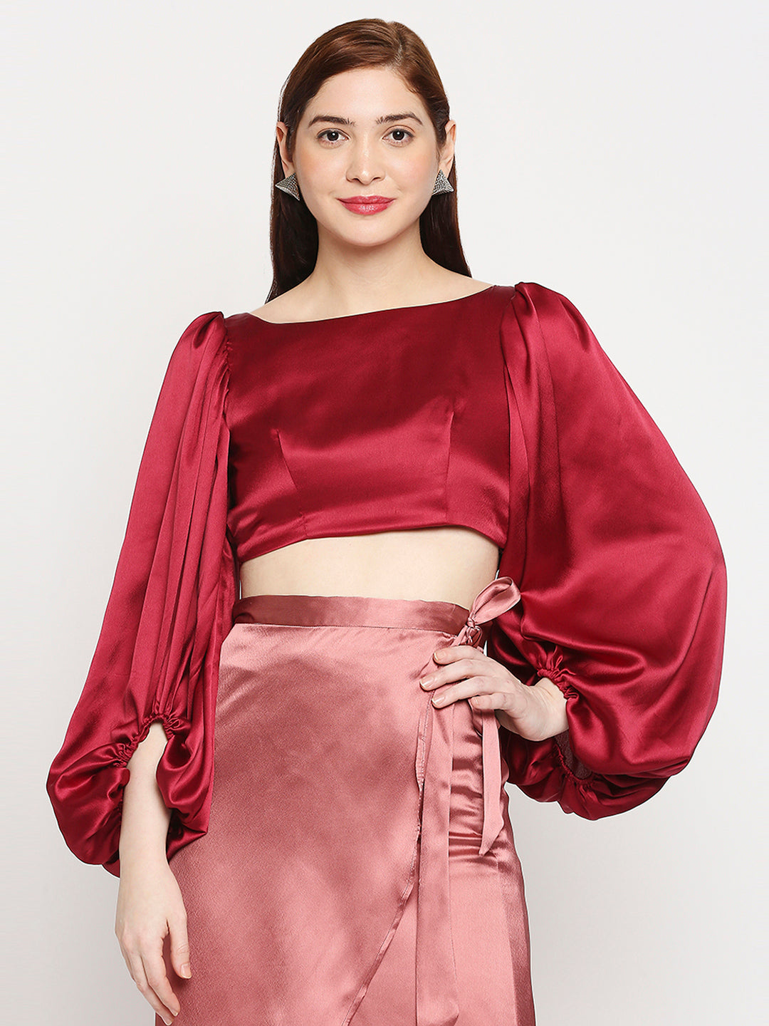 Ruby Red Japan Satin Balloon Sleeve Back Cross Crop Top