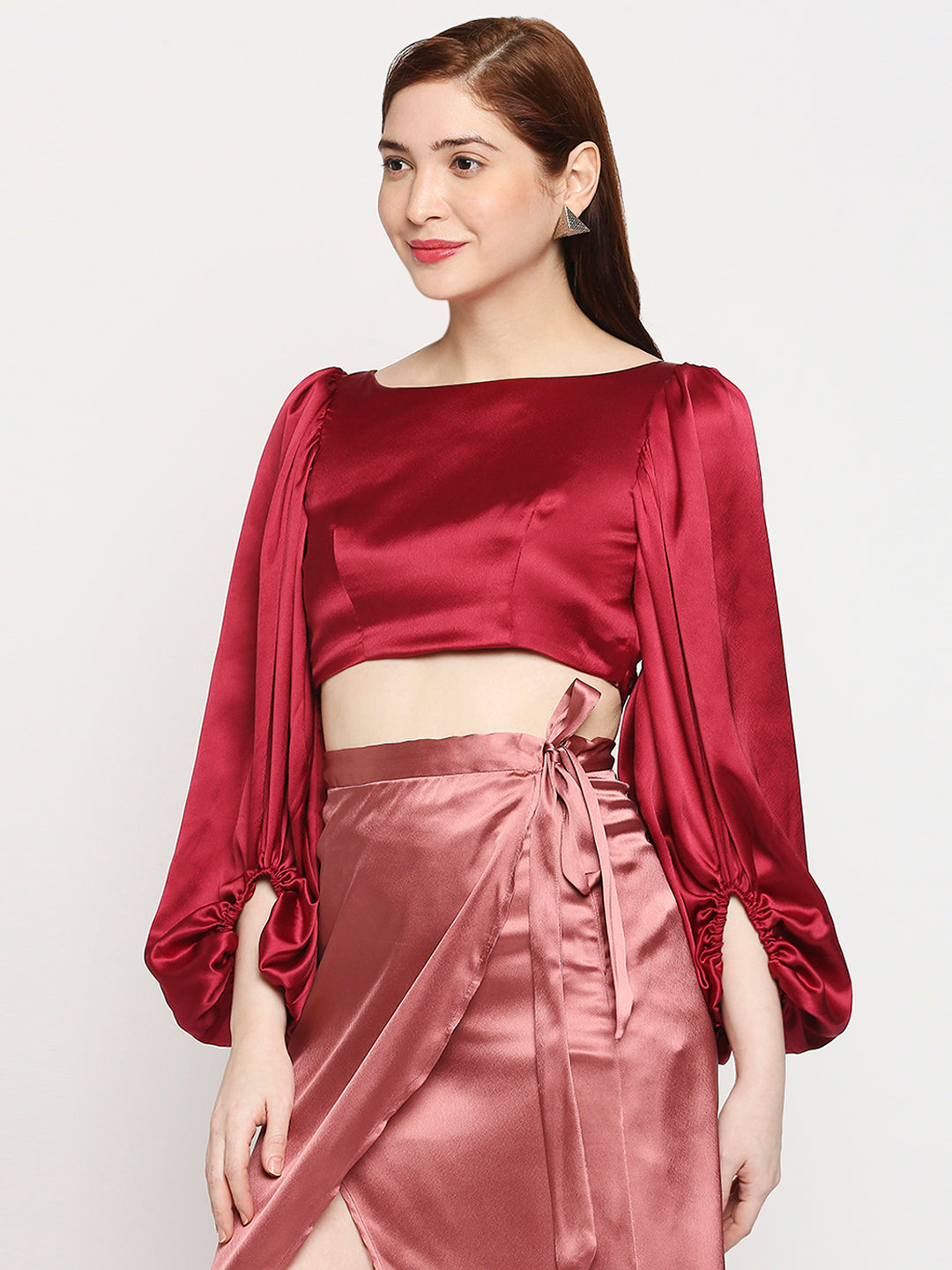 Ruby Red Japan Satin Balloon Sleeve Back Cross Crop Top