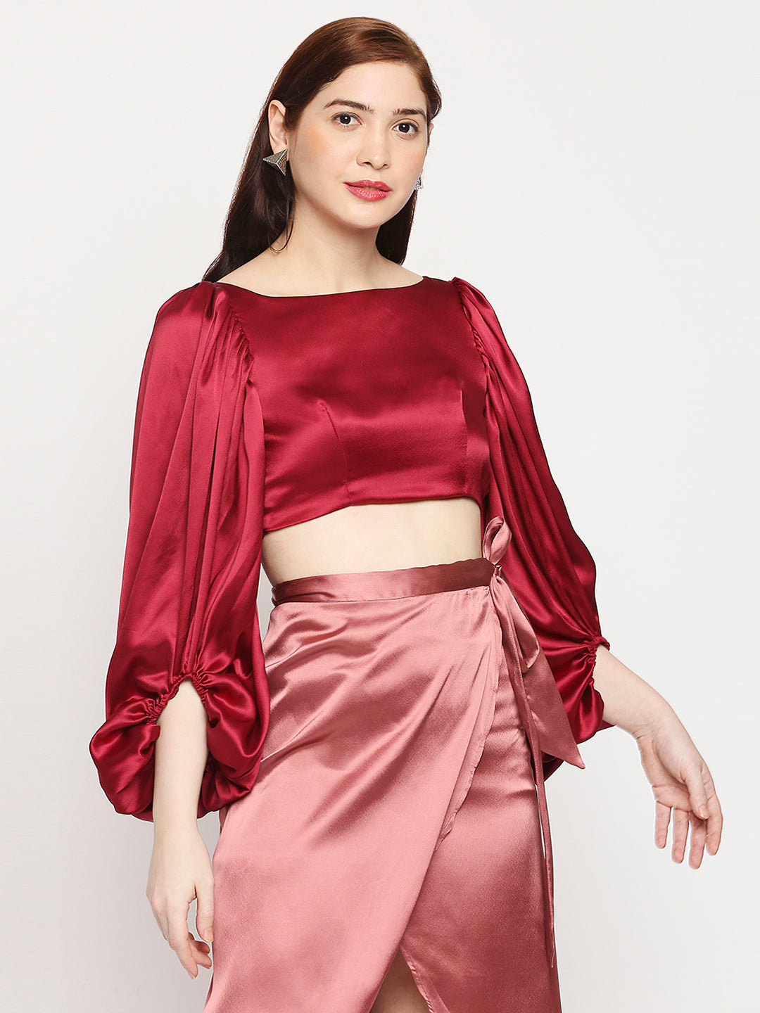 Ruby Red Japan Satin Balloon Sleeve Back Cross Crop Top