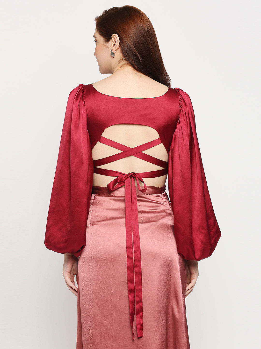 Ruby Red Japan Satin Balloon Sleeve Back Cross Crop Top