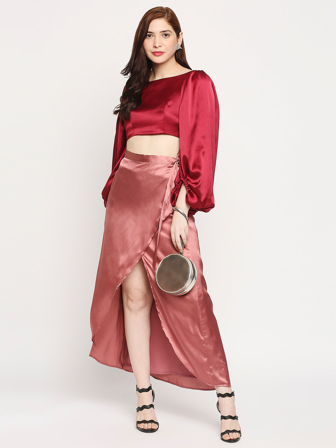 Ruby Red Japan Satin Balloon Sleeve Back Cross Crop Top