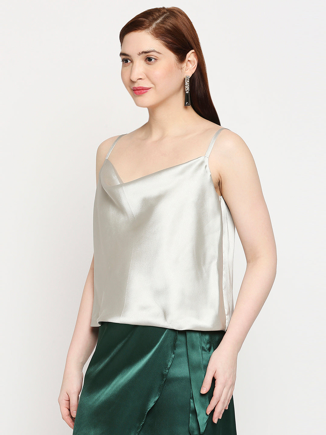 Metallic Silver Japan Satin Cowl Neck Spaghetti Strap Top