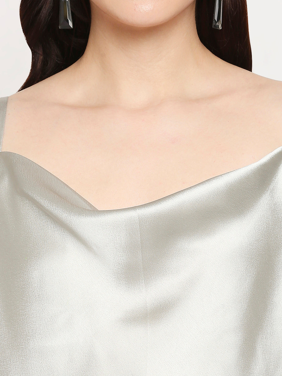 Metallic Silver Japan Satin Cowl Neck Spaghetti Strap Top