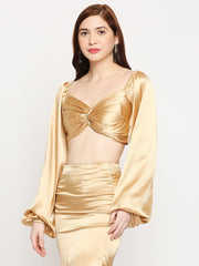 Golden Hour Japan Satin Knot Front Balloon Sleeve Crop Top