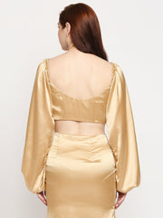 Golden Hour Japan Satin Knot Front Balloon Sleeve Crop Top