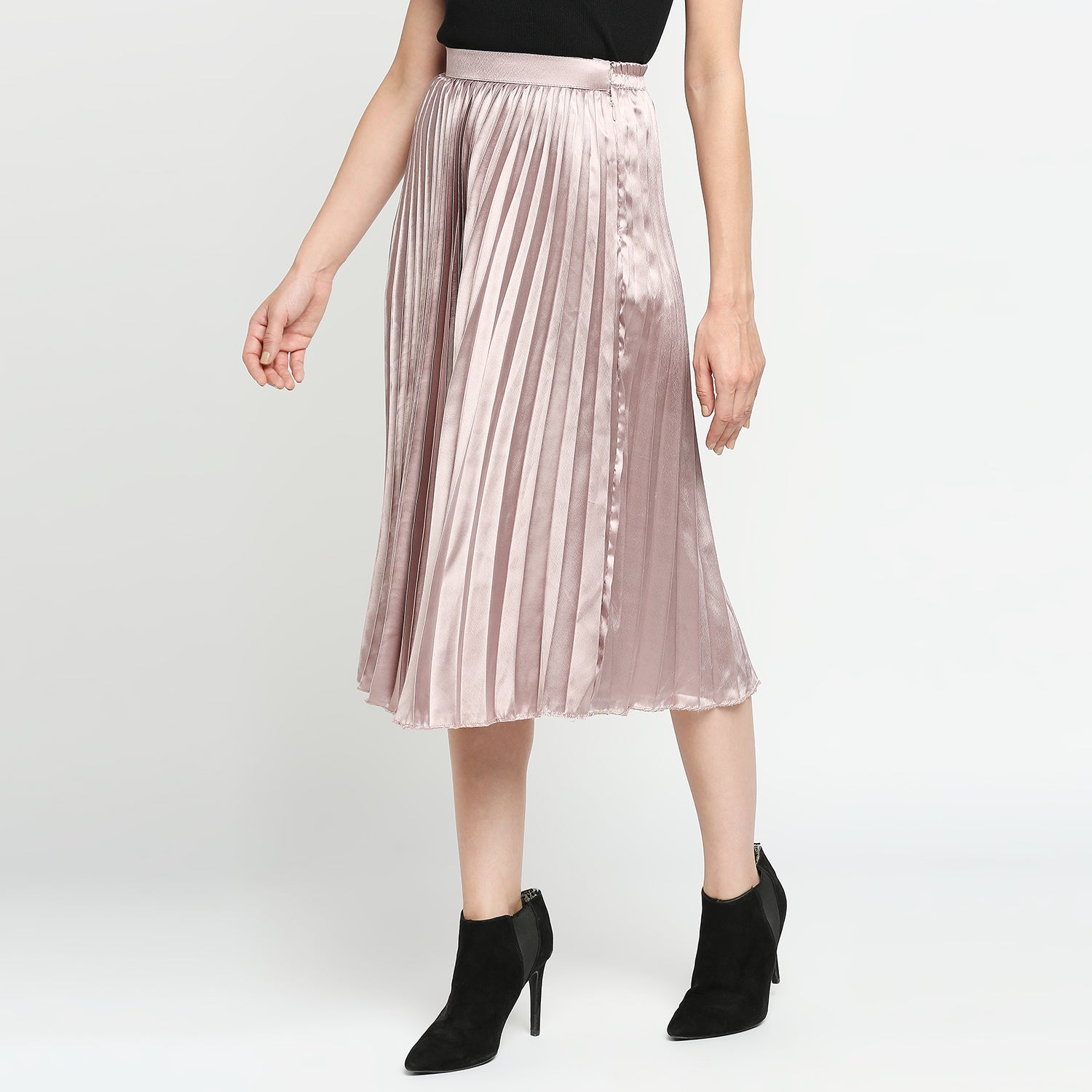 Mauve Japan Satin Pleated Midi Skirt