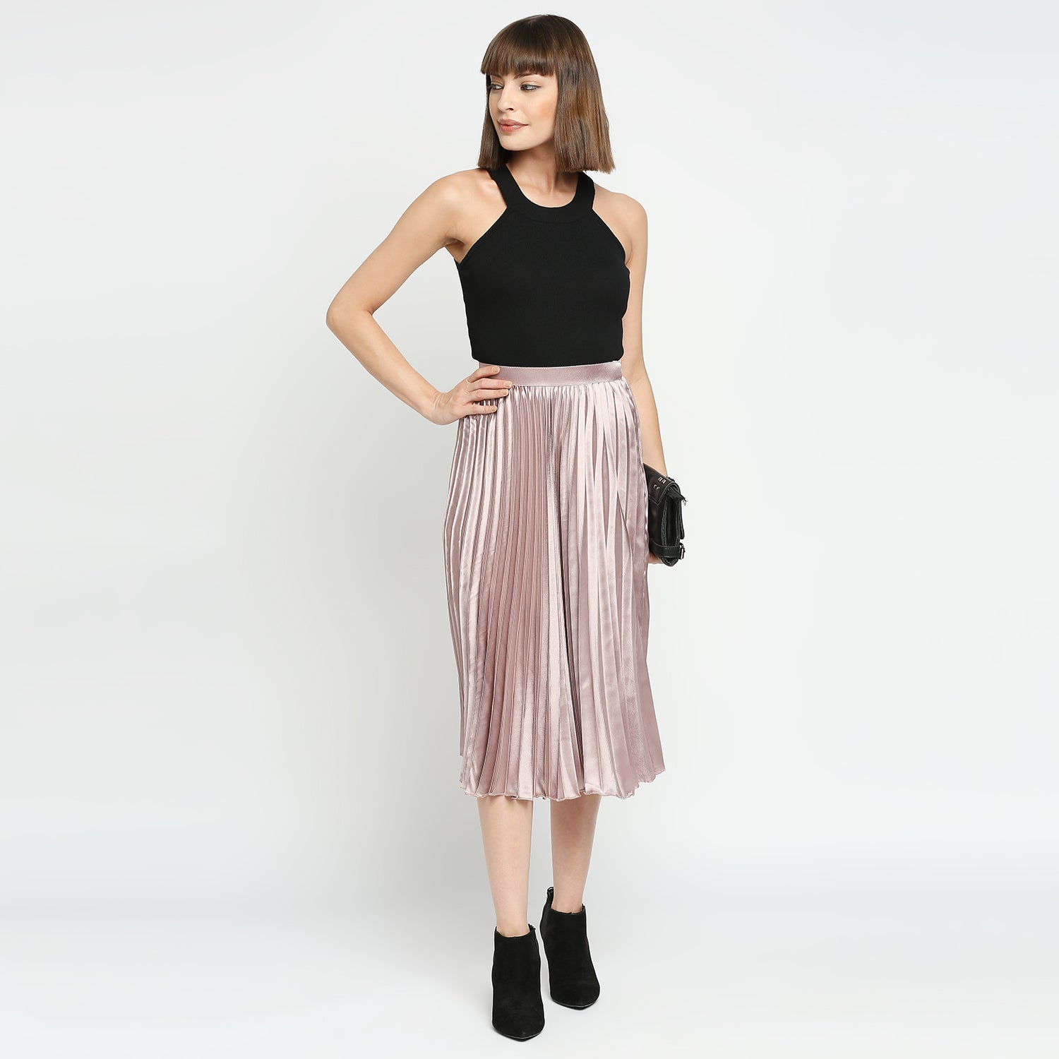 Mauve Japan Satin Pleated Midi Skirt