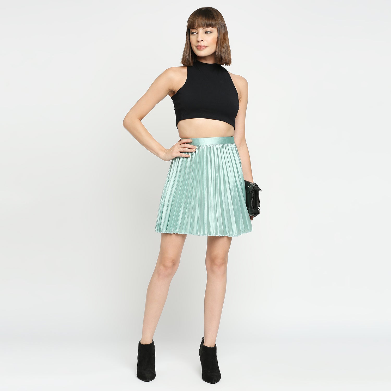 Mint Green Japan Satin Pleated Mini Skirt