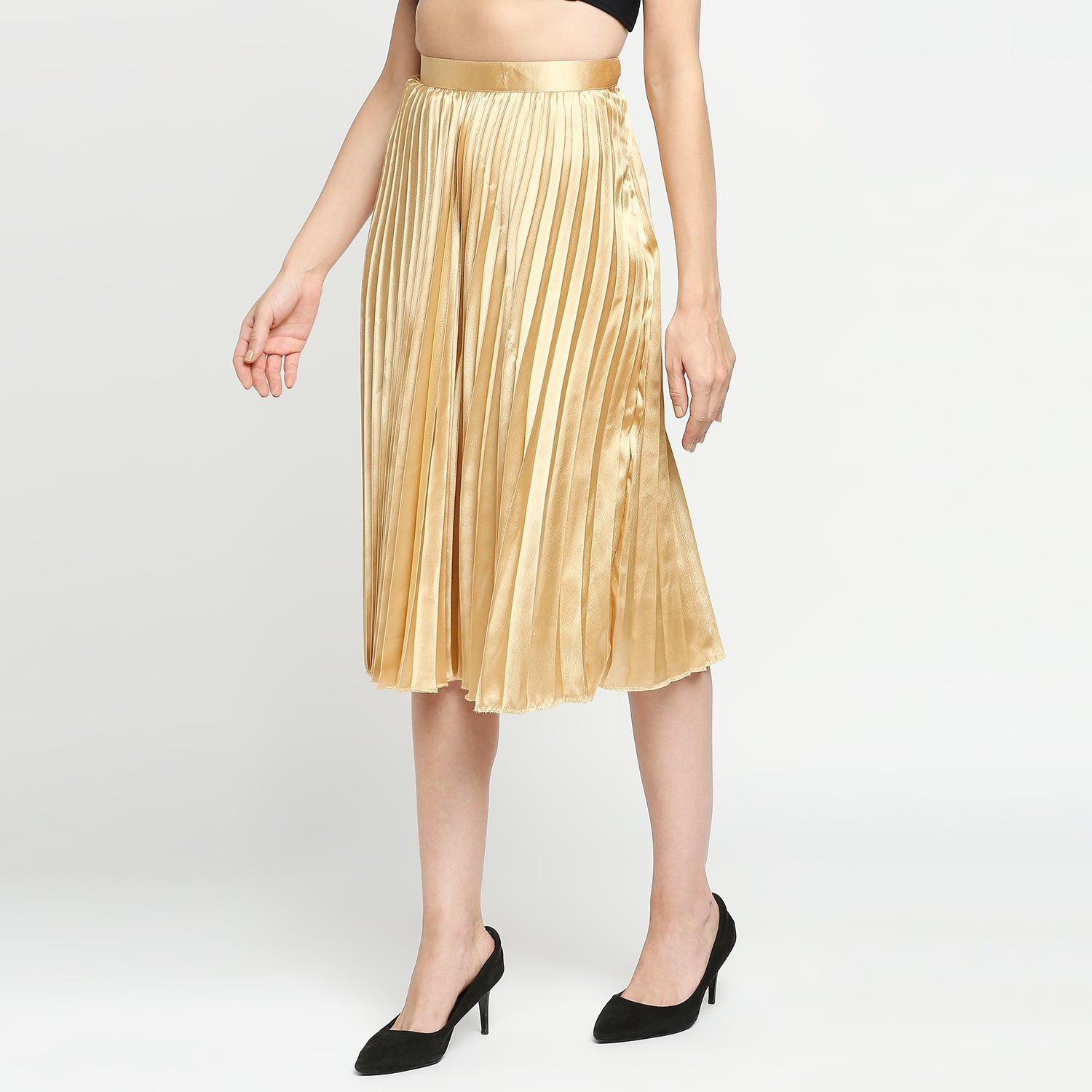 Golden Japan Satin Pleated Midi Skirt