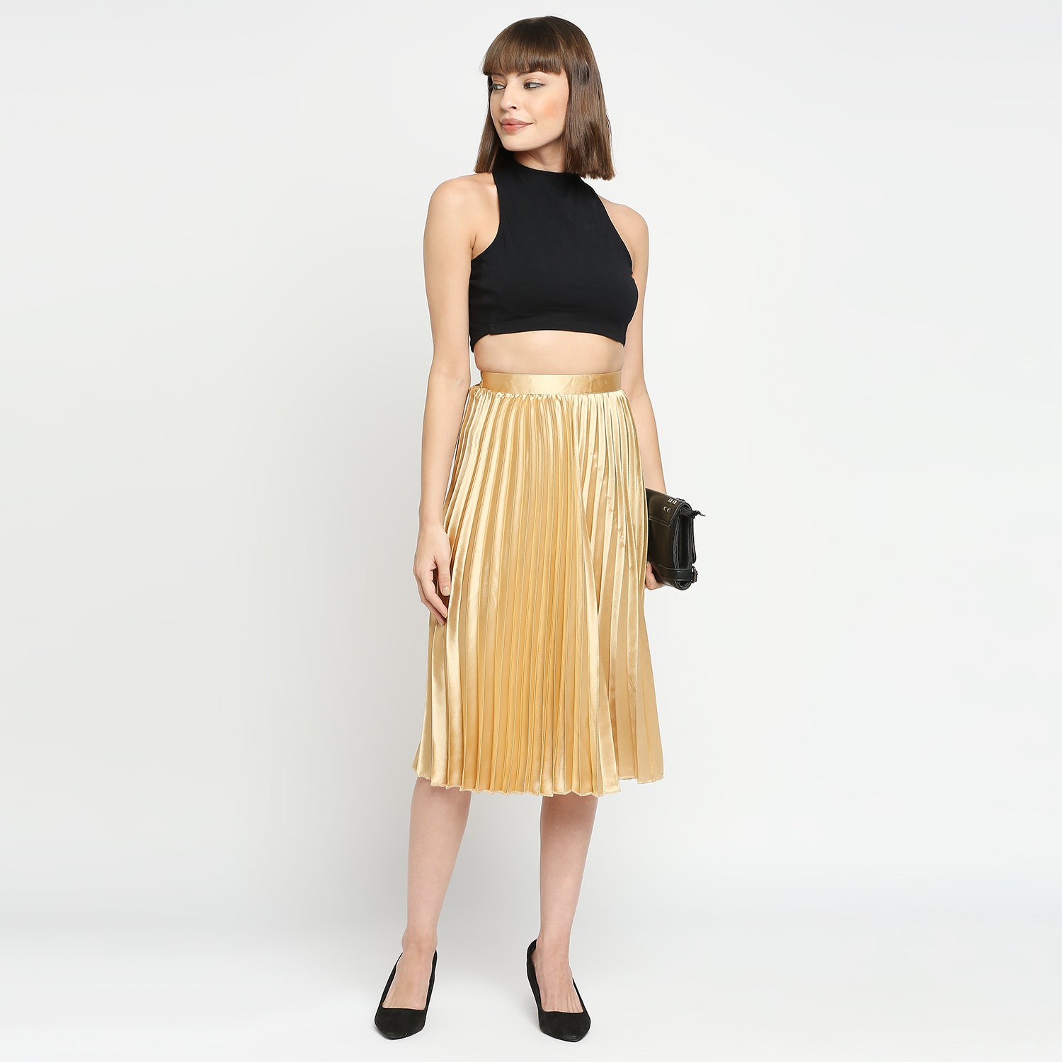 Golden Japan Satin Pleated Midi Skirt