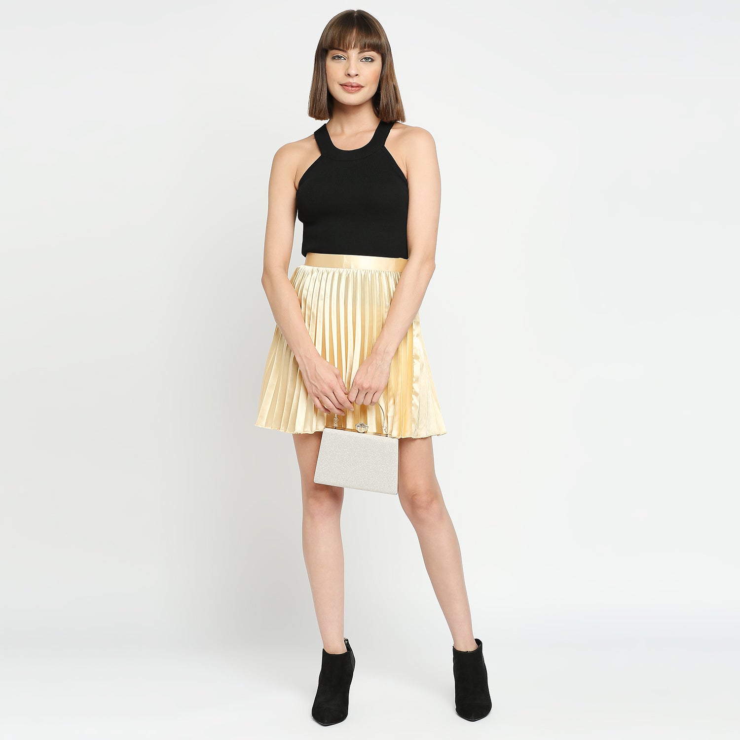 Champagne Gold Japan Satin Pleated Mini Skirt