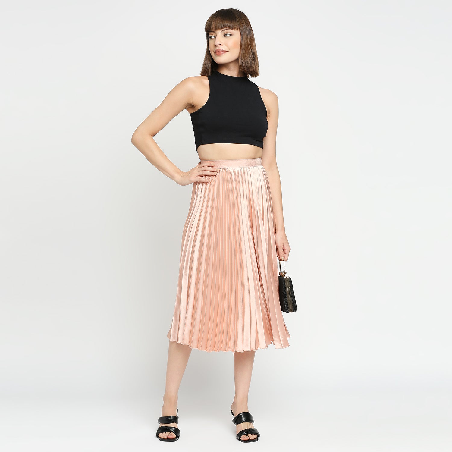 Blush Pink Japan Satin Pleated Midi Skirt