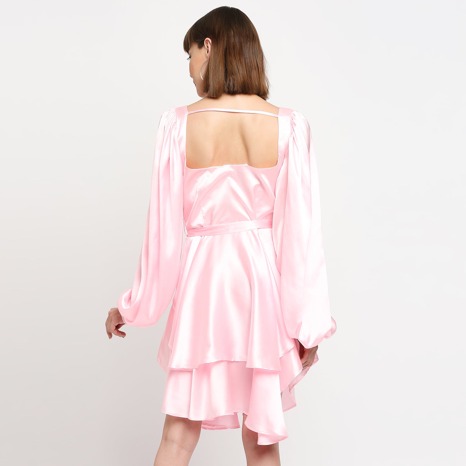 Blush Pink Japan Satin Layered Balloon Sleeve Dress