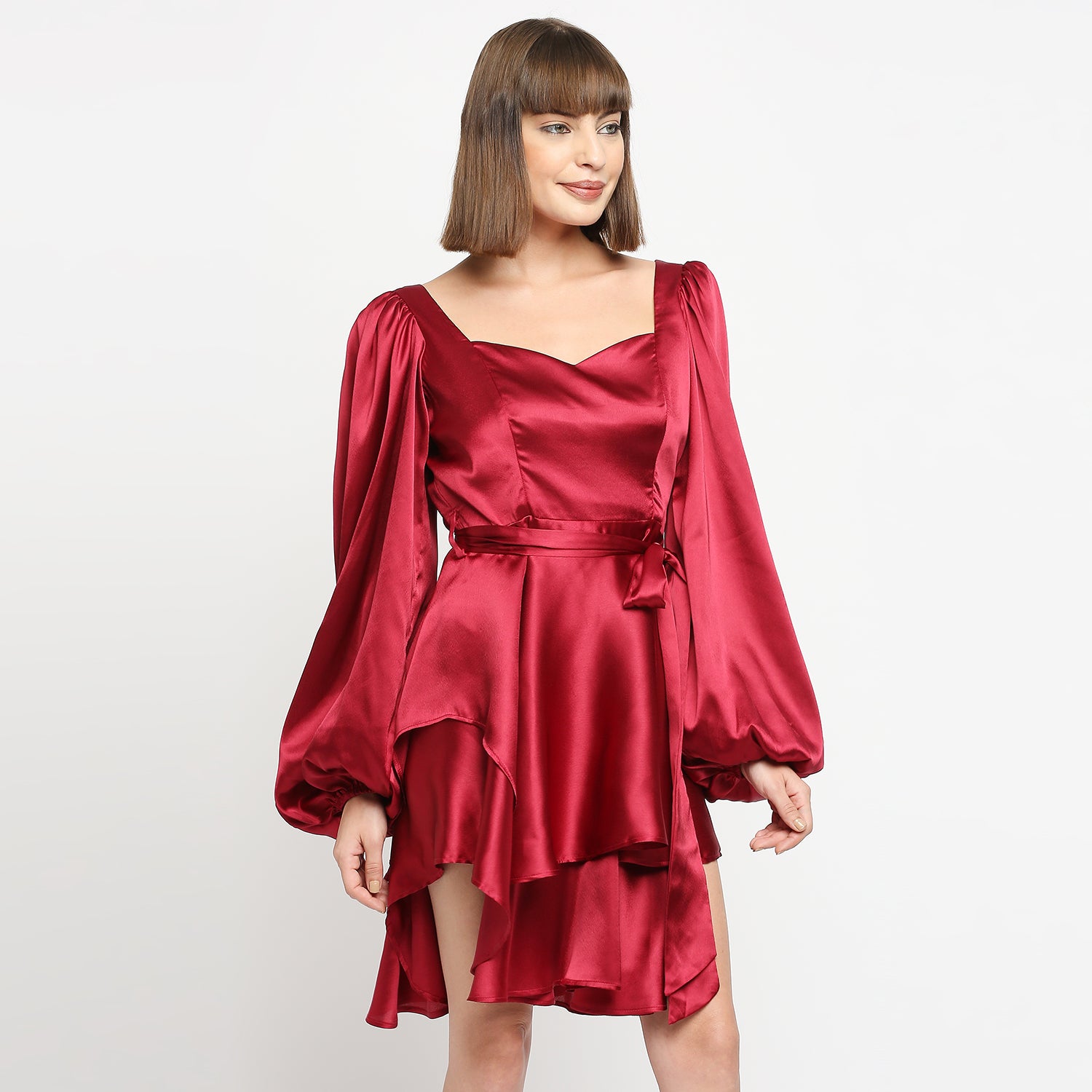 Ruby Red Japan Satin Layered Balloon Sleeve Dress