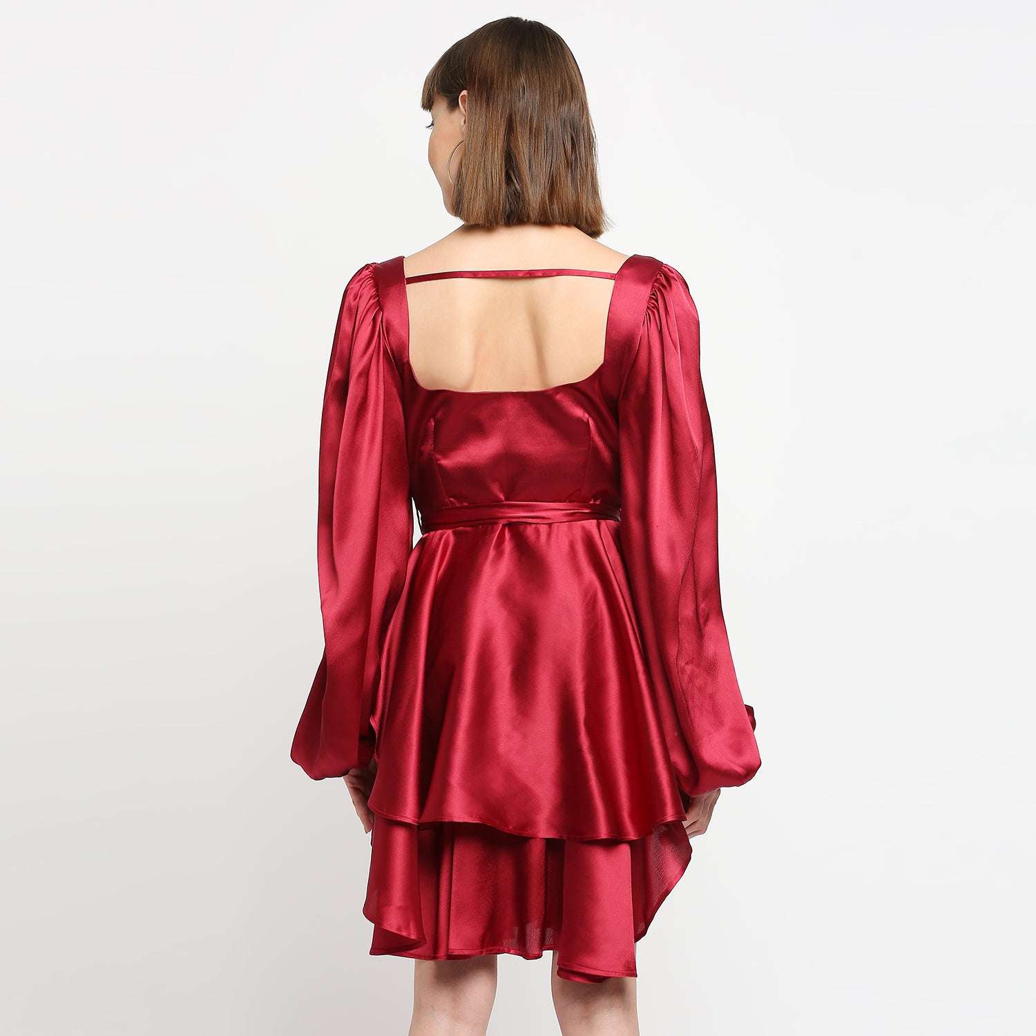 Ruby Red Japan Satin Layered Balloon Sleeve Dress