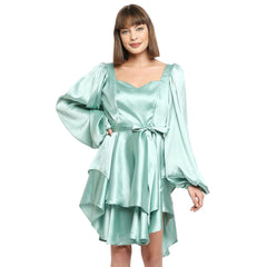 Mint Green Japan Satin Layered Balloon Sleeve Dress