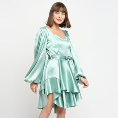 Mint Green Japan Satin Layered Balloon Sleeve Dress