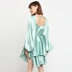 Mint Green Japan Satin Layered Balloon Sleeve Dress