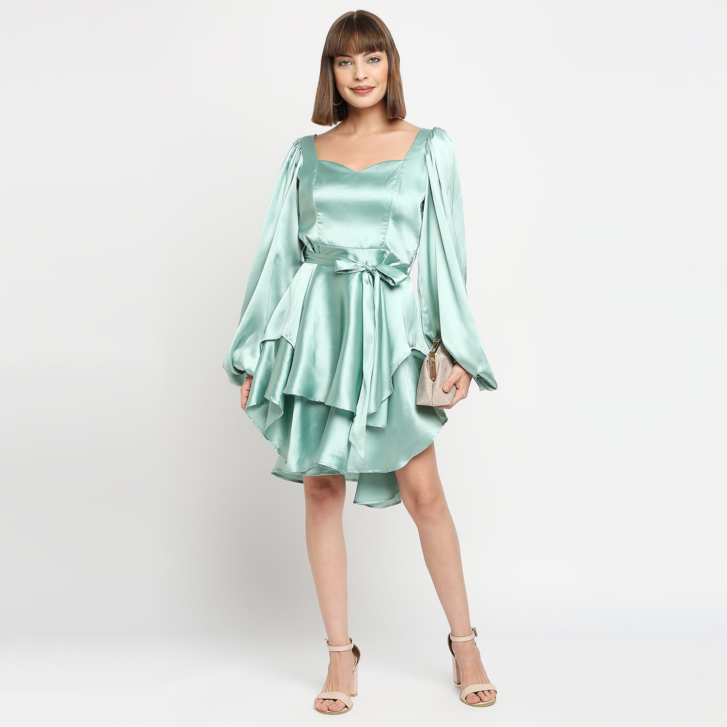 Mint Green Japan Satin Layered Balloon Sleeve Dress